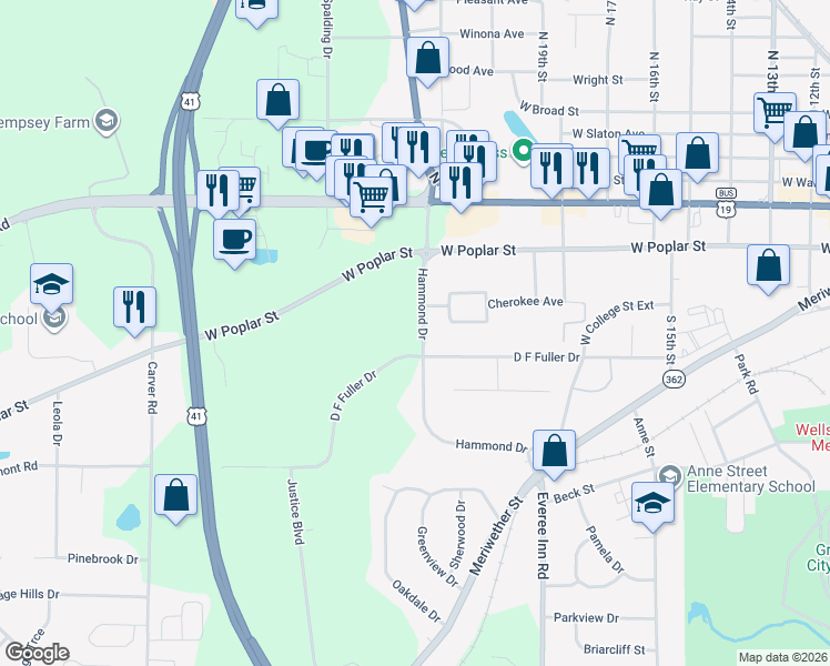 map of restaurants, bars, coffee shops, grocery stores, and more near 327 Hammond Drive in Griffin