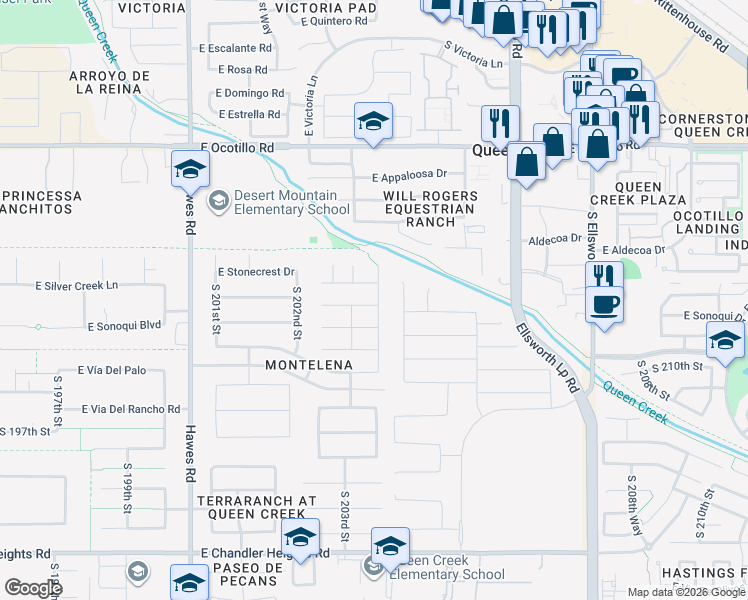 map of restaurants, bars, coffee shops, grocery stores, and more near 22882 East Silver Creek Lane in Queen Creek