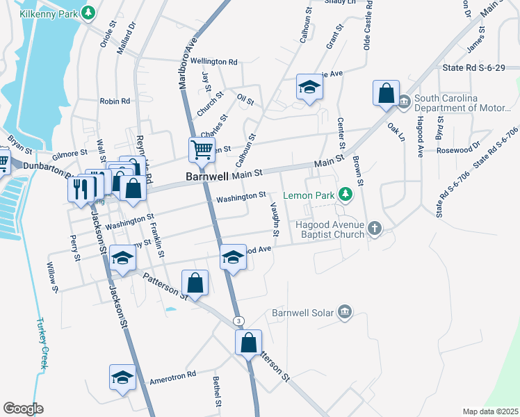 map of restaurants, bars, coffee shops, grocery stores, and more near 150 Simms St in Barnwell