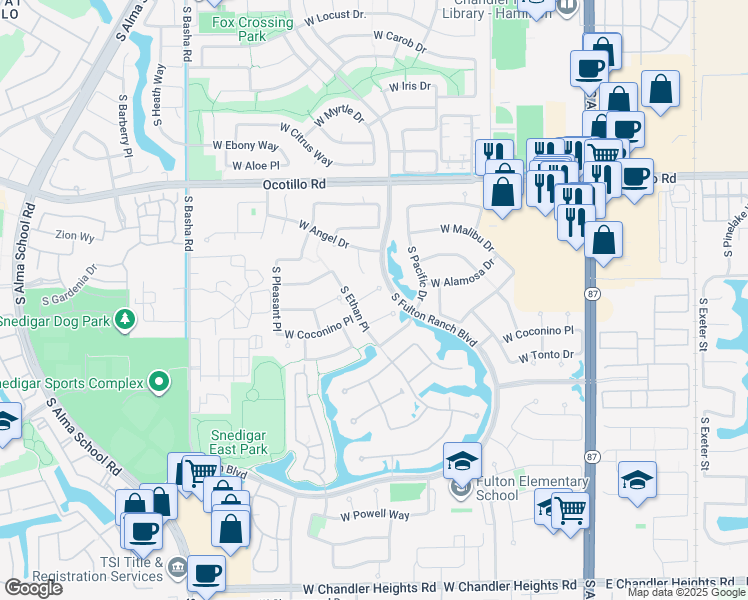 map of restaurants, bars, coffee shops, grocery stores, and more near 531 West Kaibab Place in Chandler