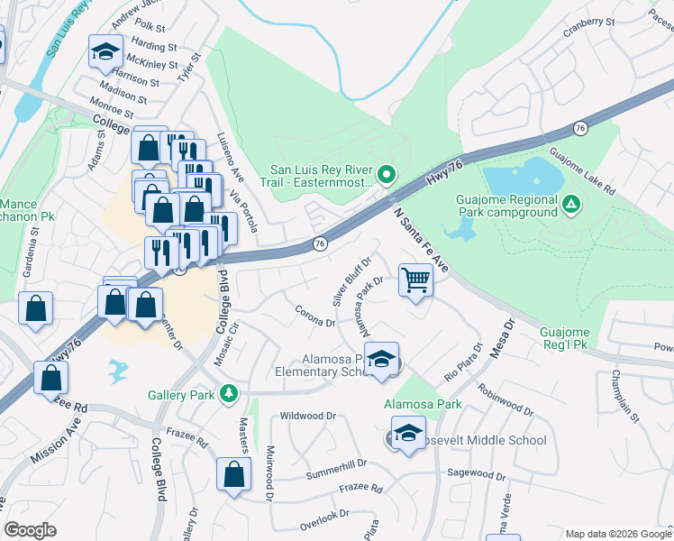 map of restaurants, bars, coffee shops, grocery stores, and more near 5232 Silver Bluff Drive in Oceanside