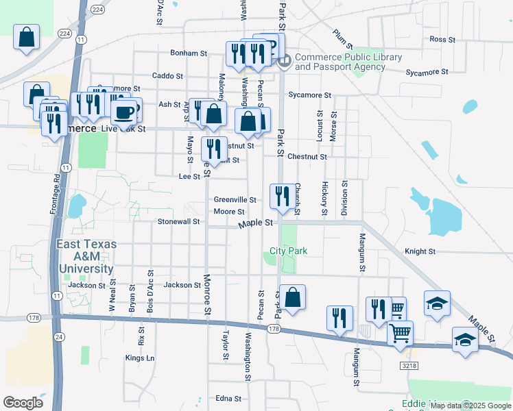 map of restaurants, bars, coffee shops, grocery stores, and more near 2007 Pecan Street in Commerce