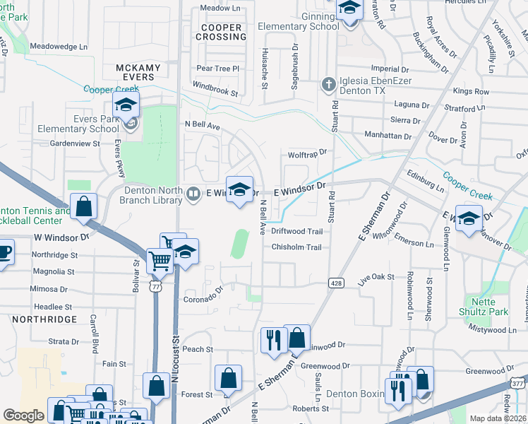 map of restaurants, bars, coffee shops, grocery stores, and more near 3004 North Bell Avenue in Denton