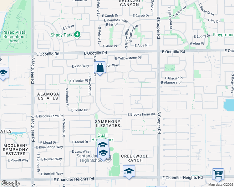 map of restaurants, bars, coffee shops, grocery stores, and more near 1684 East Coconino Drive in Chandler