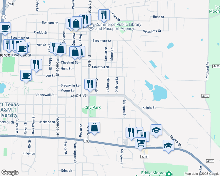 map of restaurants, bars, coffee shops, grocery stores, and more near 1912 Hickory Street in Commerce