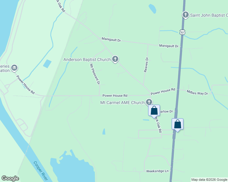 map of restaurants, bars, coffee shops, grocery stores, and more near 258 Power House Road in Moncks Corner