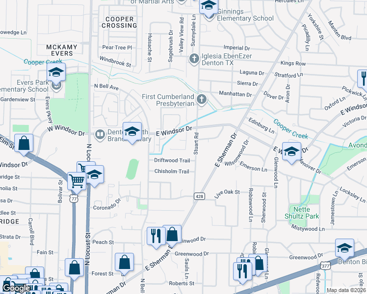 map of restaurants, bars, coffee shops, grocery stores, and more near 713 Windfields Street in Denton