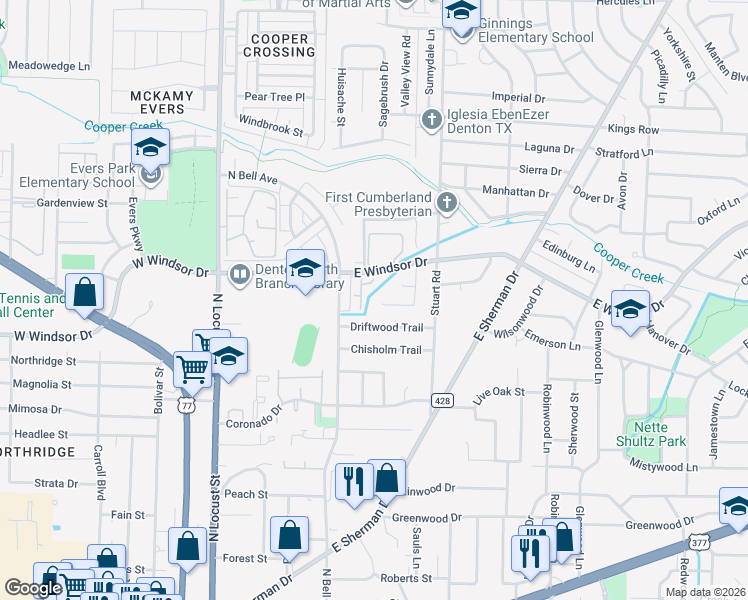 map of restaurants, bars, coffee shops, grocery stores, and more near 601 Windfields Street in Denton