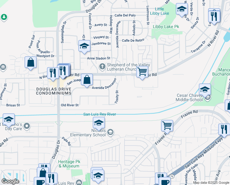 map of restaurants, bars, coffee shops, grocery stores, and more near 64 Trinity Street in Oceanside