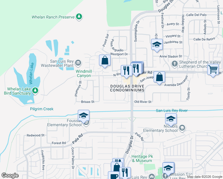 map of restaurants, bars, coffee shops, grocery stores, and more near Olympic Way & Crater Lake Way in Oceanside