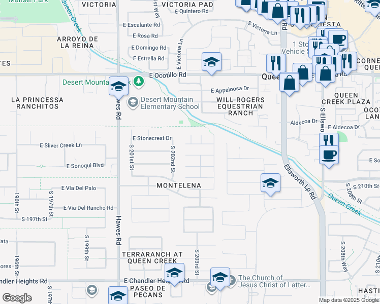 map of restaurants, bars, coffee shops, grocery stores, and more near 20244 East Silver Creek Lane in Queen Creek