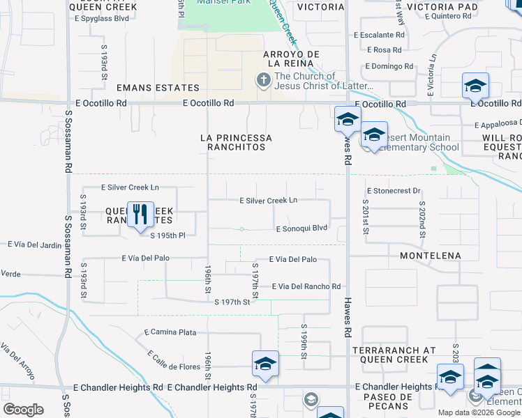 map of restaurants, bars, coffee shops, grocery stores, and more near 19755 East Silver Creek Lane in Queen Creek