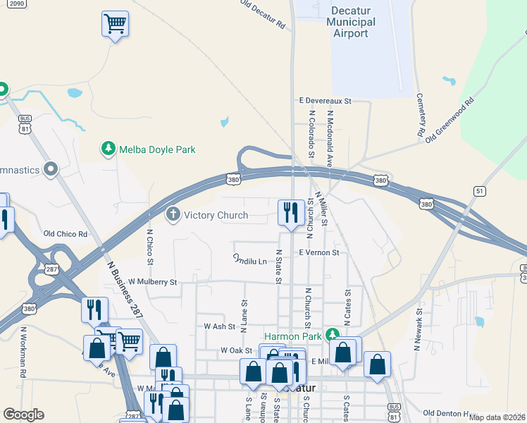 map of restaurants, bars, coffee shops, grocery stores, and more near 155 Greathouse Village in Decatur