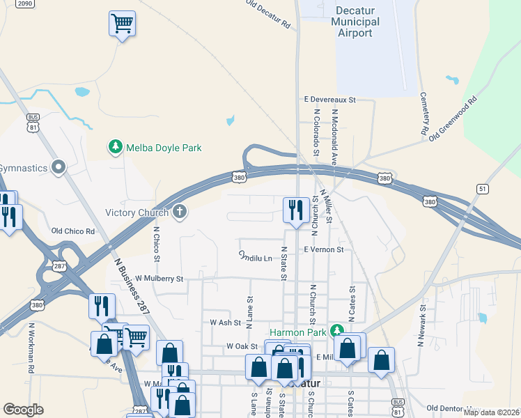map of restaurants, bars, coffee shops, grocery stores, and more near 155 Greathouse Village in Decatur