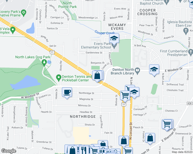 map of restaurants, bars, coffee shops, grocery stores, and more near 429 Casie Court in Denton