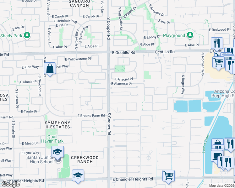 map of restaurants, bars, coffee shops, grocery stores, and more near 2033 East Coconino Place in Chandler