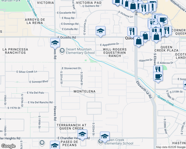 map of restaurants, bars, coffee shops, grocery stores, and more near 20280 East Silver Creek Lane in Queen Creek