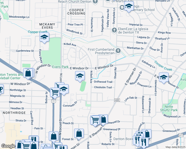 map of restaurants, bars, coffee shops, grocery stores, and more near 3008 North Bell Avenue in Denton