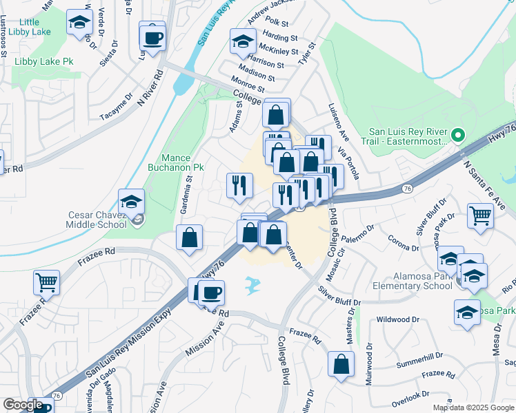 map of restaurants, bars, coffee shops, grocery stores, and more near 4821 Yuma Avenue in Oceanside