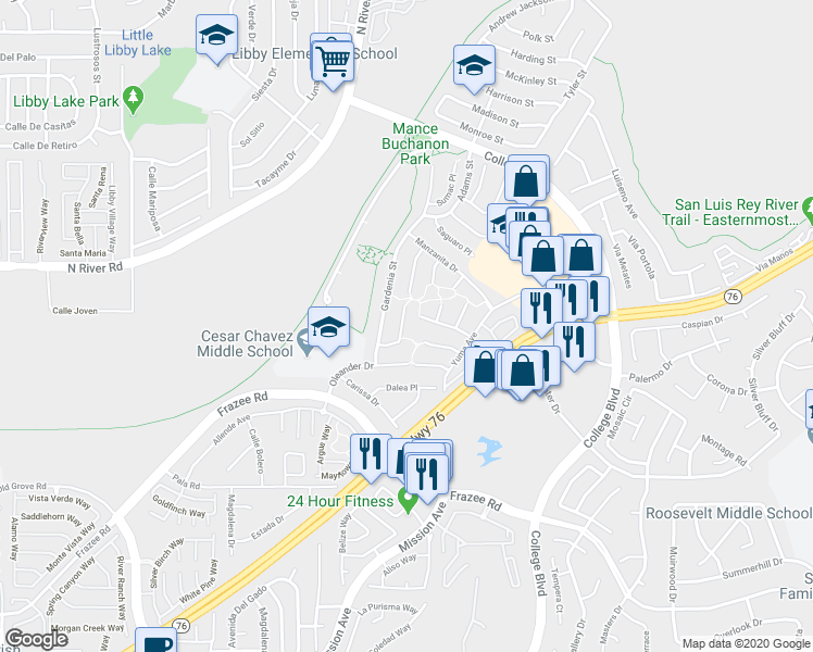 map of restaurants, bars, coffee shops, grocery stores, and more near 4740 Sequoia Place in Oceanside