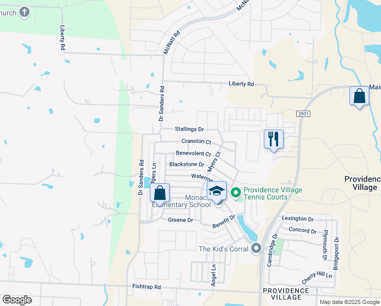 map of restaurants, bars, coffee shops, grocery stores, and more near Benevolent Court in Aubrey