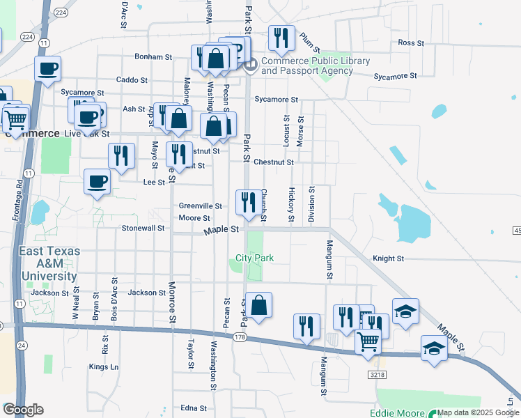 map of restaurants, bars, coffee shops, grocery stores, and more near 1807 Church Street in Commerce