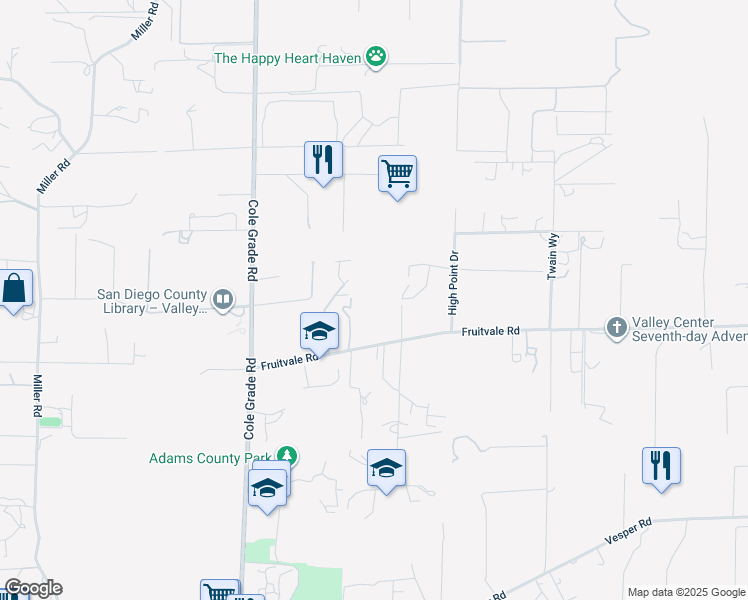 map of restaurants, bars, coffee shops, grocery stores, and more near 14502 Fruitvale Road in Valley Center