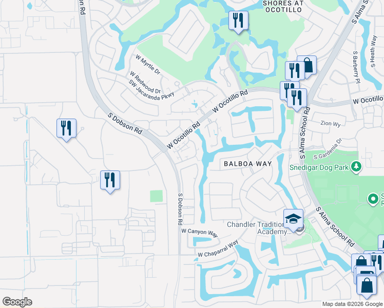 map of restaurants, bars, coffee shops, grocery stores, and more near 1905 West Grand Canyon Drive in Chandler