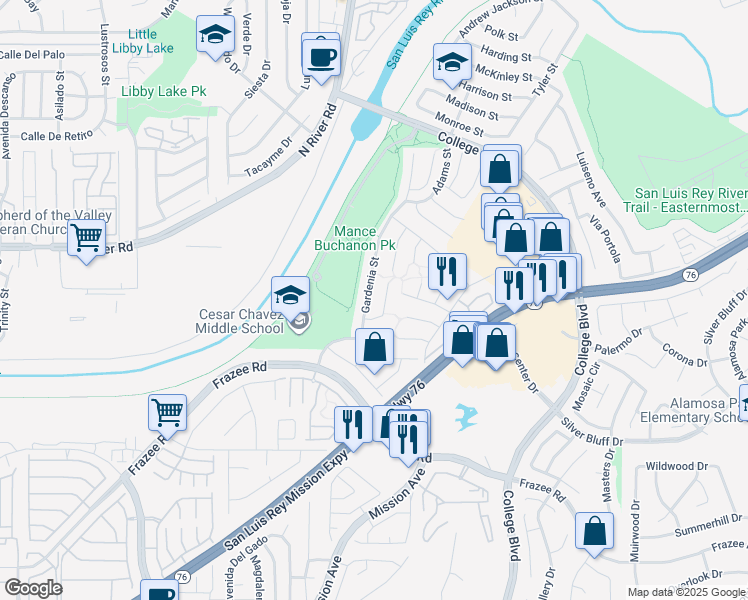 map of restaurants, bars, coffee shops, grocery stores, and more near 4759 Gardenia Street in Oceanside