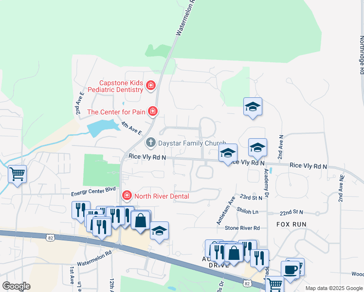 map of restaurants, bars, coffee shops, grocery stores, and more near 800 Rice Valley Road North in Tuscaloosa