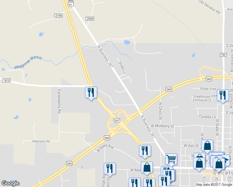 map of restaurants, bars, coffee shops, grocery stores, and more near 1207 North Business 287 in Decatur