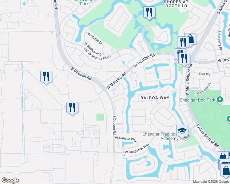 map of restaurants, bars, coffee shops, grocery stores, and more near 4140 South Greythorne Way in Chandler