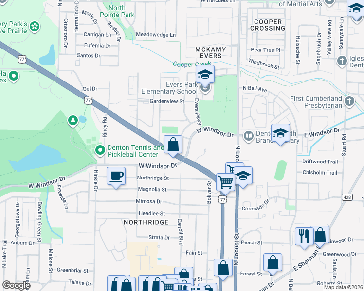 map of restaurants, bars, coffee shops, grocery stores, and more near 325 Casie Court in Denton
