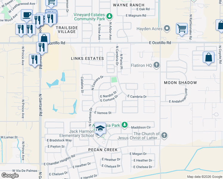 map of restaurants, bars, coffee shops, grocery stores, and more near 1063 East Monteleone Street in Queen Creek