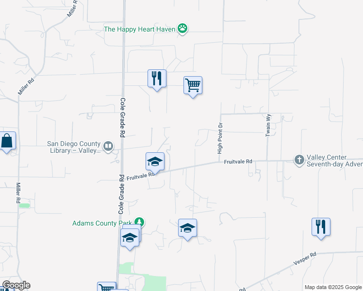 map of restaurants, bars, coffee shops, grocery stores, and more near 14502 Fruitvale Road in Valley Center
