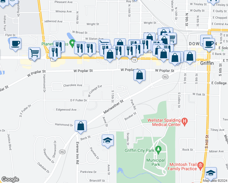 map of restaurants, bars, coffee shops, grocery stores, and more near 426 South 15th Street in Griffin