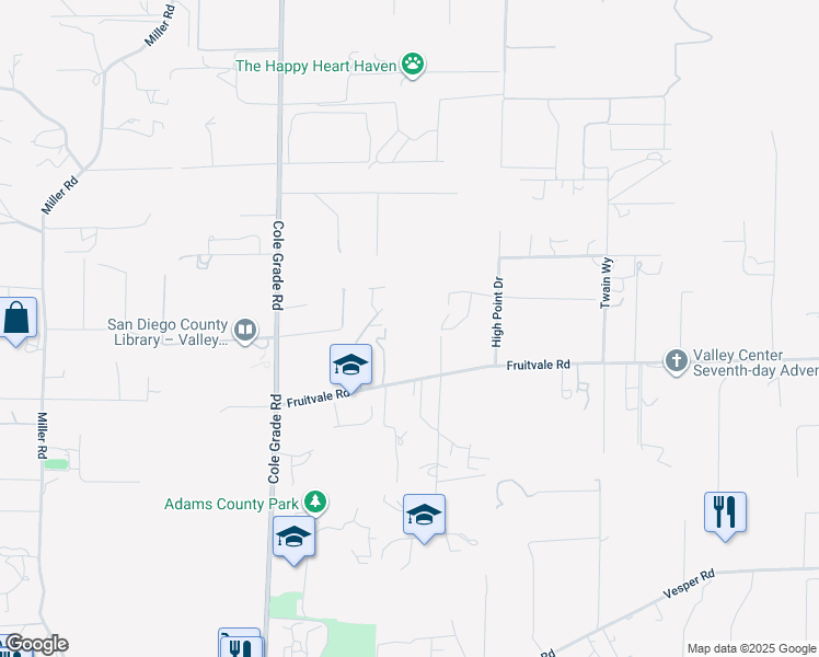 map of restaurants, bars, coffee shops, grocery stores, and more near 14502 Fruitvale Road in Valley Center