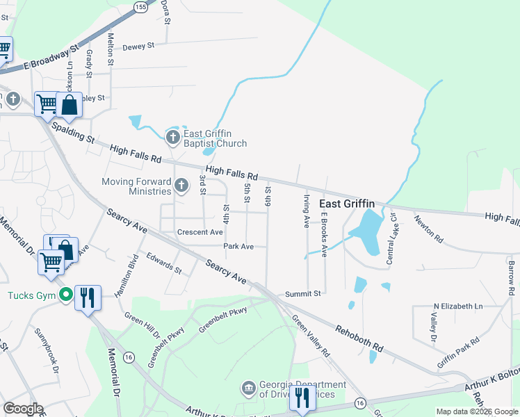 map of restaurants, bars, coffee shops, grocery stores, and more near 34 Cherokee Avenue in Griffin