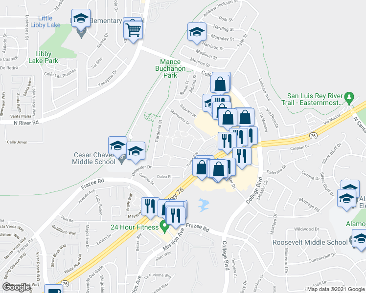 map of restaurants, bars, coffee shops, grocery stores, and more near 4765 Mayten Court in Oceanside
