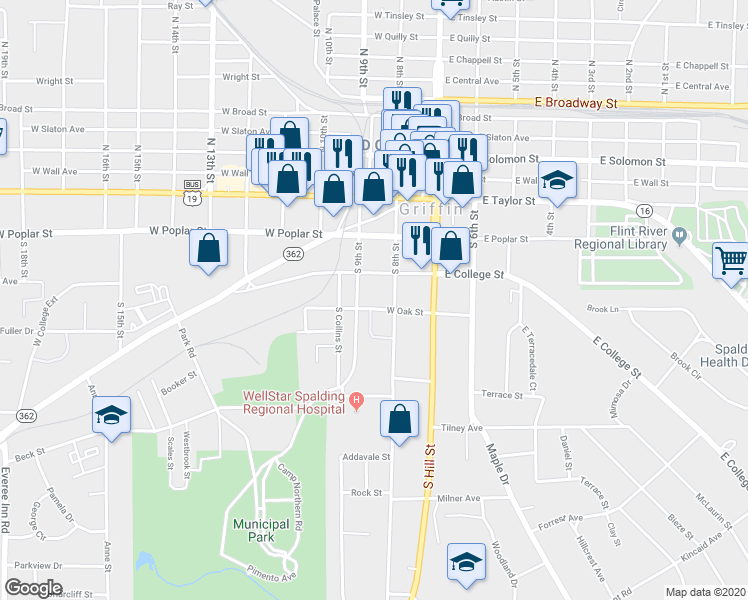 map of restaurants, bars, coffee shops, grocery stores, and more near 518 9 Oaks Drive in Griffin