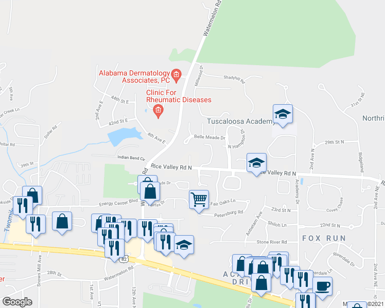 map of restaurants, bars, coffee shops, grocery stores, and more near 828 Rice Valley Road North in Tuscaloosa