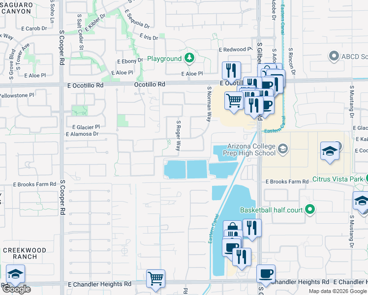 map of restaurants, bars, coffee shops, grocery stores, and more near 4364 South Roger Way in Chandler