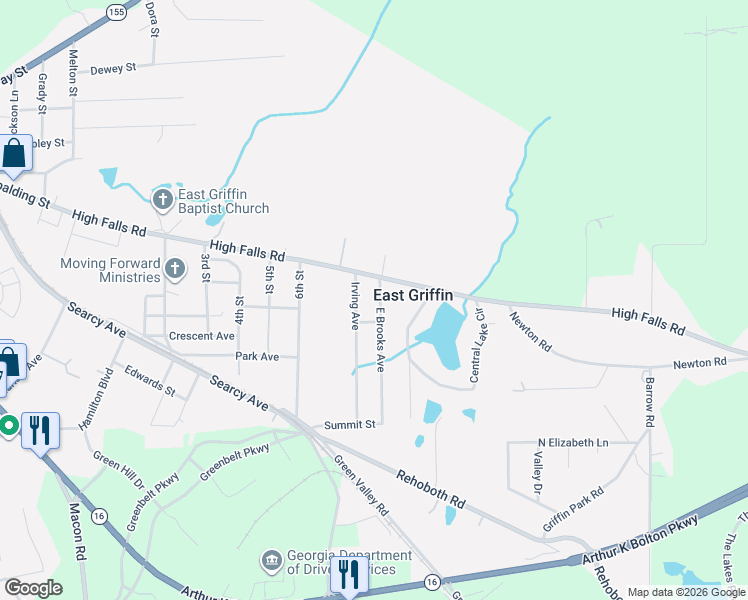 map of restaurants, bars, coffee shops, grocery stores, and more near 220 Irving Avenue in Griffin