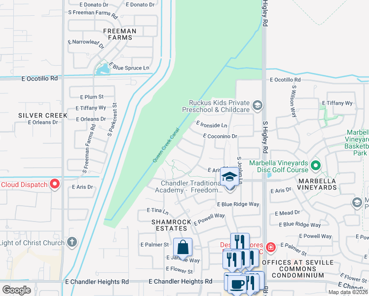 map of restaurants, bars, coffee shops, grocery stores, and more near 2886 East Eleana Lane in Gilbert