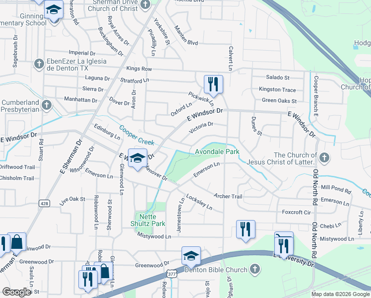 map of restaurants, bars, coffee shops, grocery stores, and more near 1504 Churchill Drive in Denton