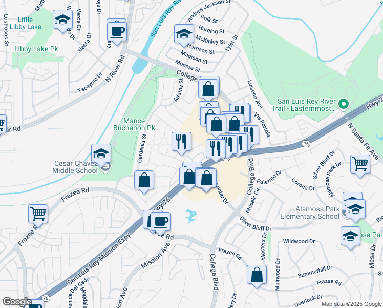 map of restaurants, bars, coffee shops, grocery stores, and more near 4821 Yuma Avenue in Oceanside