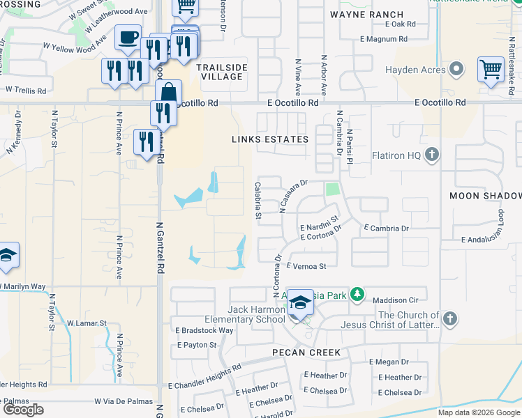 map of restaurants, bars, coffee shops, grocery stores, and more near 842 East Nardini Street in San Tan Valley