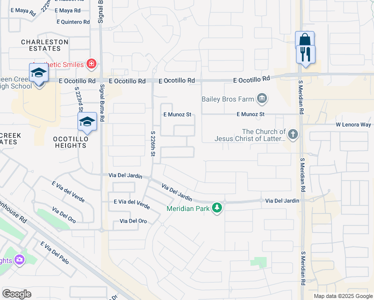 map of restaurants, bars, coffee shops, grocery stores, and more near 22743 East Silver Creek Lane in Queen Creek