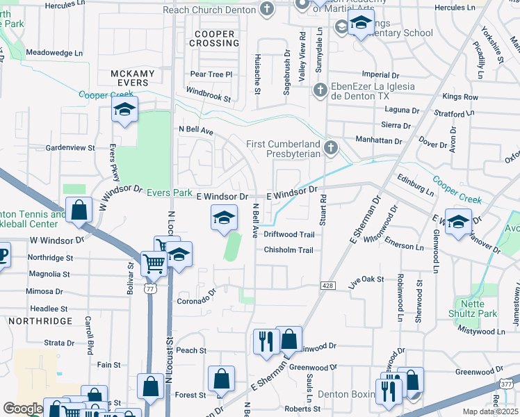 map of restaurants, bars, coffee shops, grocery stores, and more near 3016 North Bell Avenue in Denton