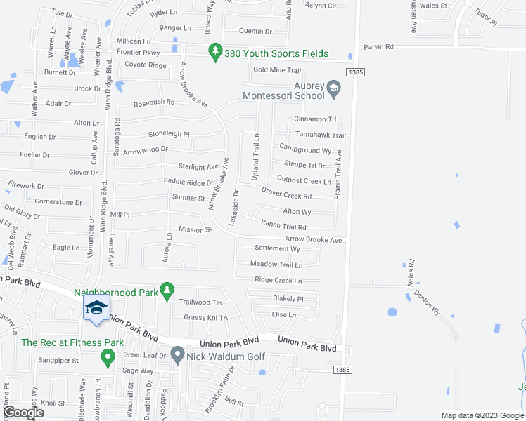 map of restaurants, bars, coffee shops, grocery stores, and more near 1608 Alton Way in Aubrey
